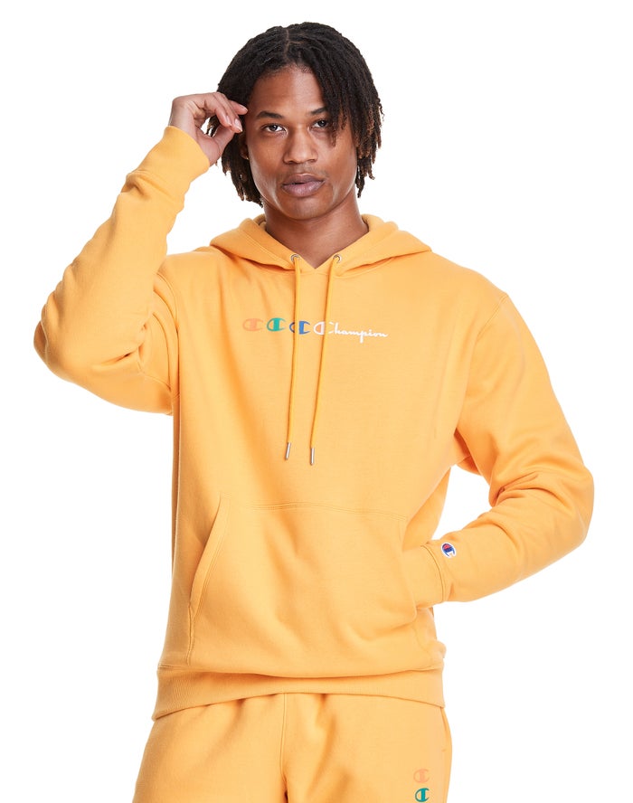 Champion Herre Hættetrøje Gul - Classic Fleece Triple Logo - Danmark CWV-432581